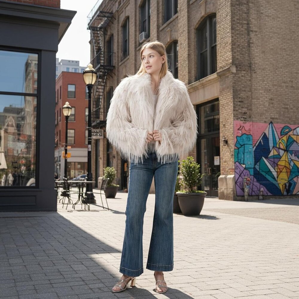 Women's Fur Coats Cropped Faux Fuzzy Warm Jacket Fluffy Fall Coat Apricot - Picture 2 of 5
